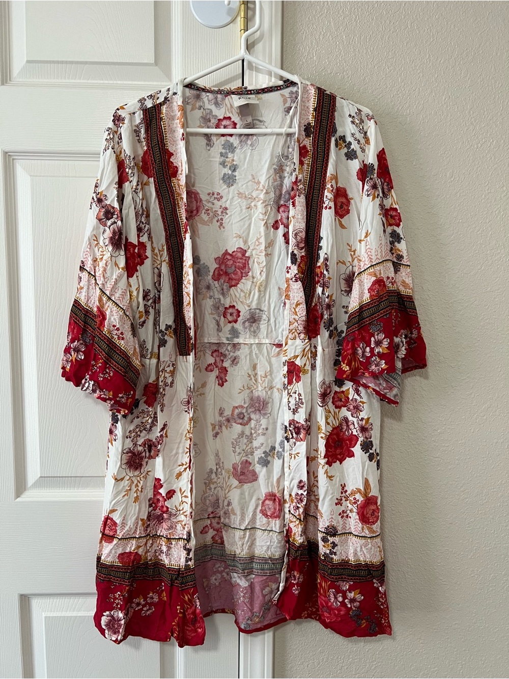 Knox Rose Floral Boho Kimono Duster Cardigan Red Ivory Size Large